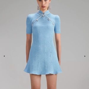 Self-Portrait - BLUE LUREX DIAMANTE KNIT MINI DRESS